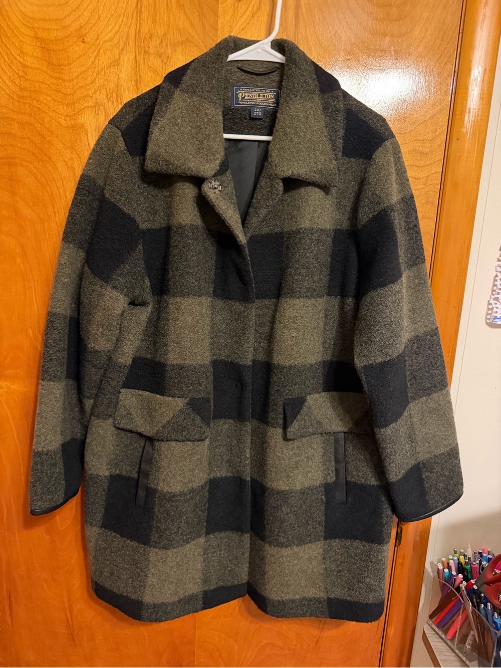 Pendleton Olive & Black Check Wool Pea Coat